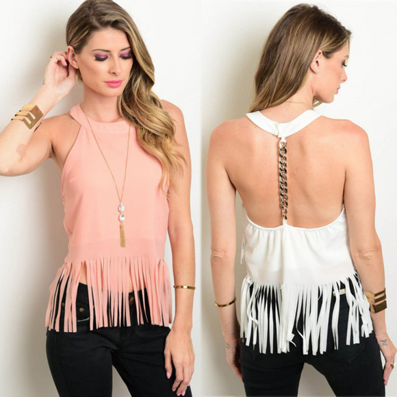 Fringe tank top with chain back blouse - Picture 1 of 7